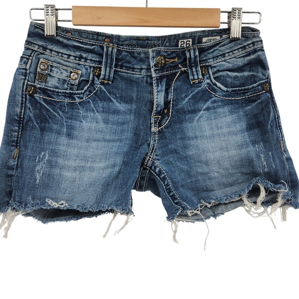 Miss Me Embroidered Denim Shorts Womens 26 Blue Distressed Embellished Cotton